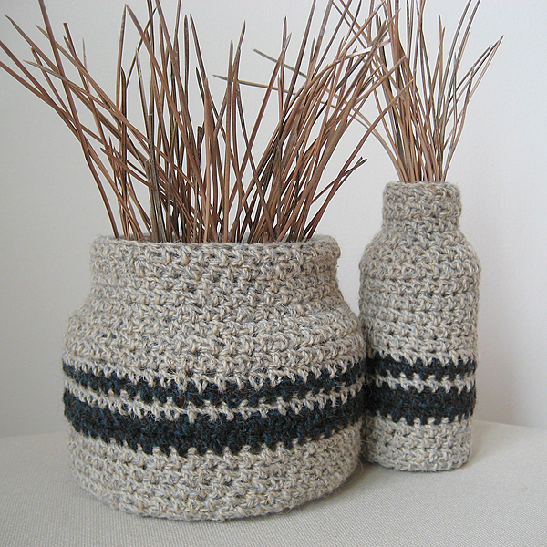 set of two upcycled crochet covered vases